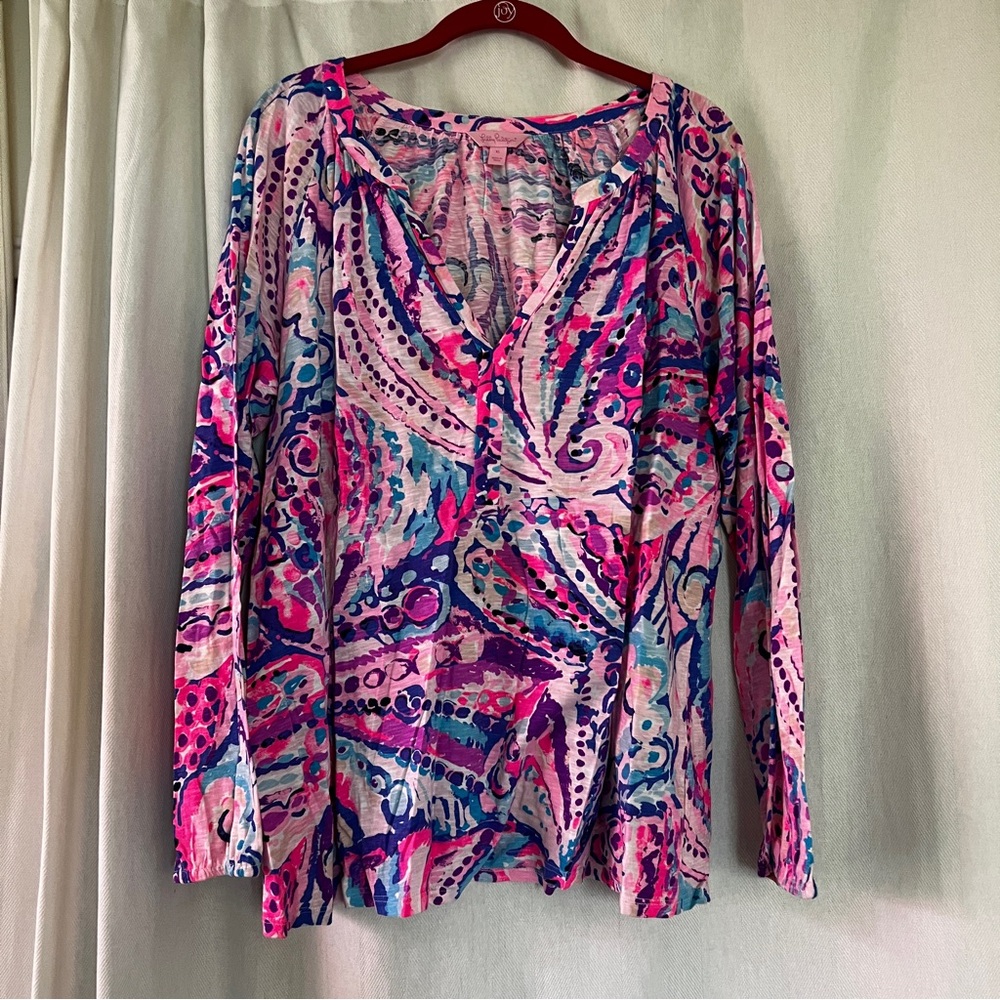 Lilly Pulitzer Womens Meg Colony Coral Long Sleeve Tunic Top Multicolor Size XL